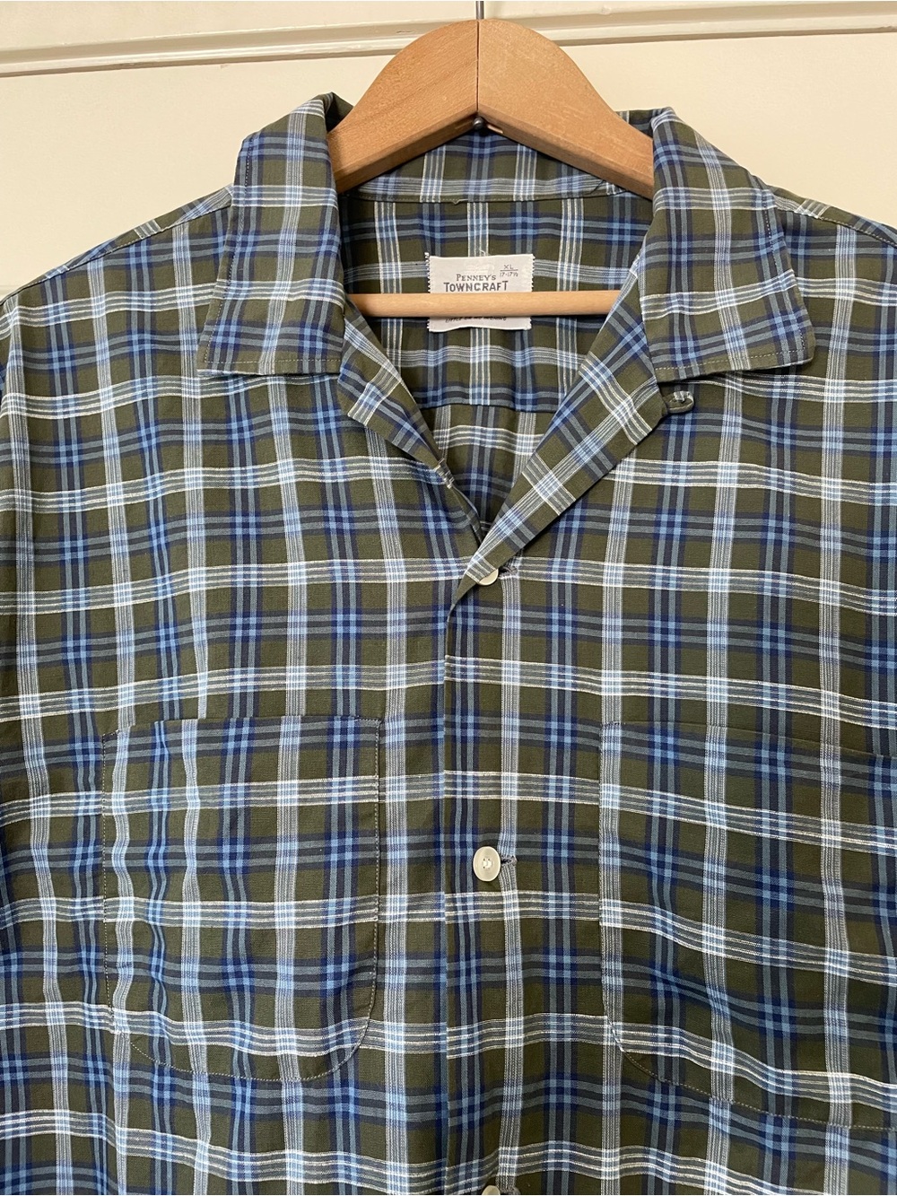 Vintage Towncraft Men's Olive & Blue Plaid Button-Up Shirt size XL